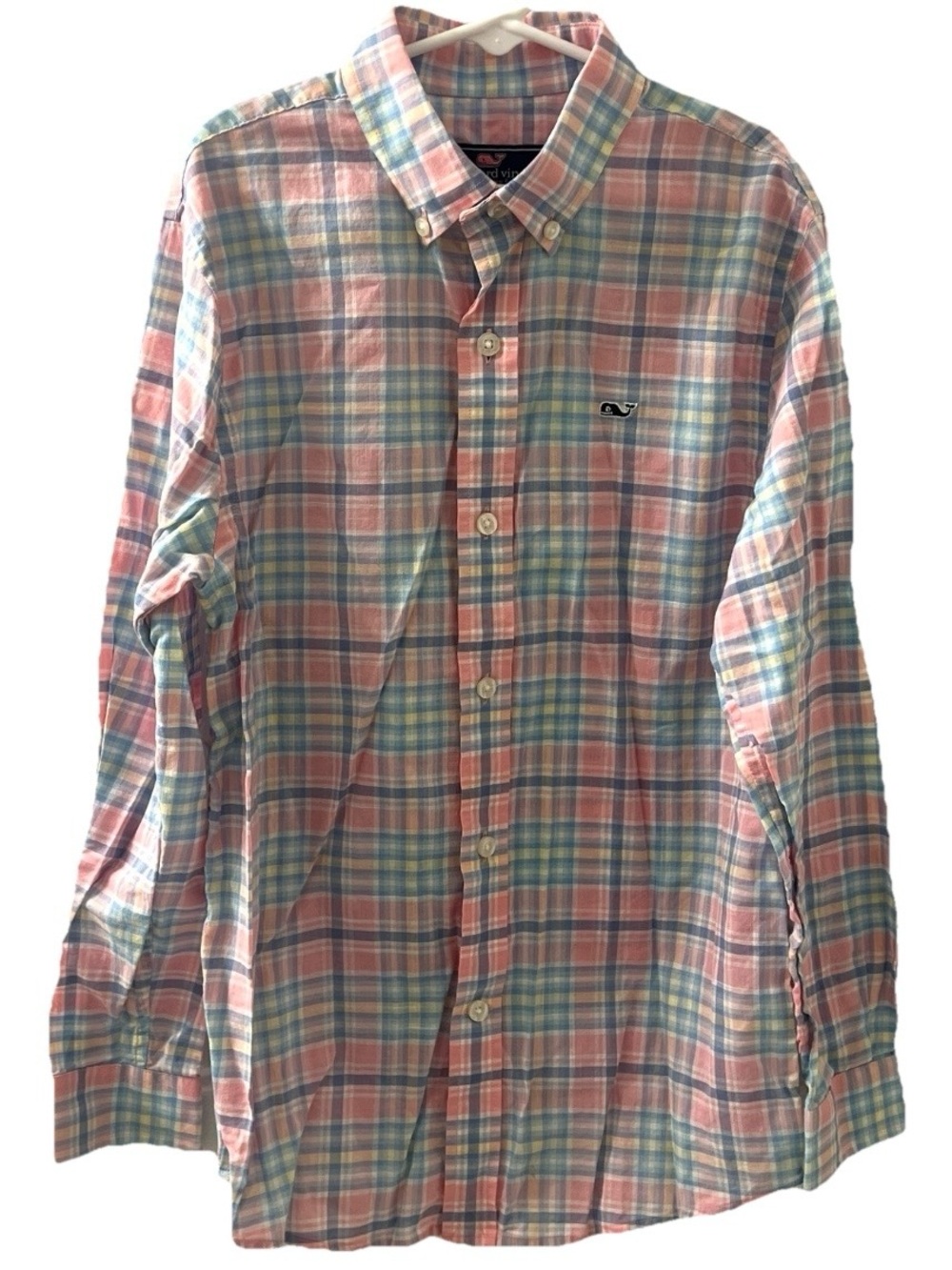 Vineyard Vines Boys Plaid Whale Shirt Button Up Cotton S (8-10) Pink Blue